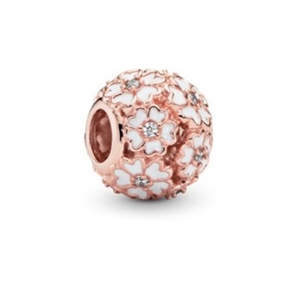 Pandora rose gold white primrose openwork ball charm